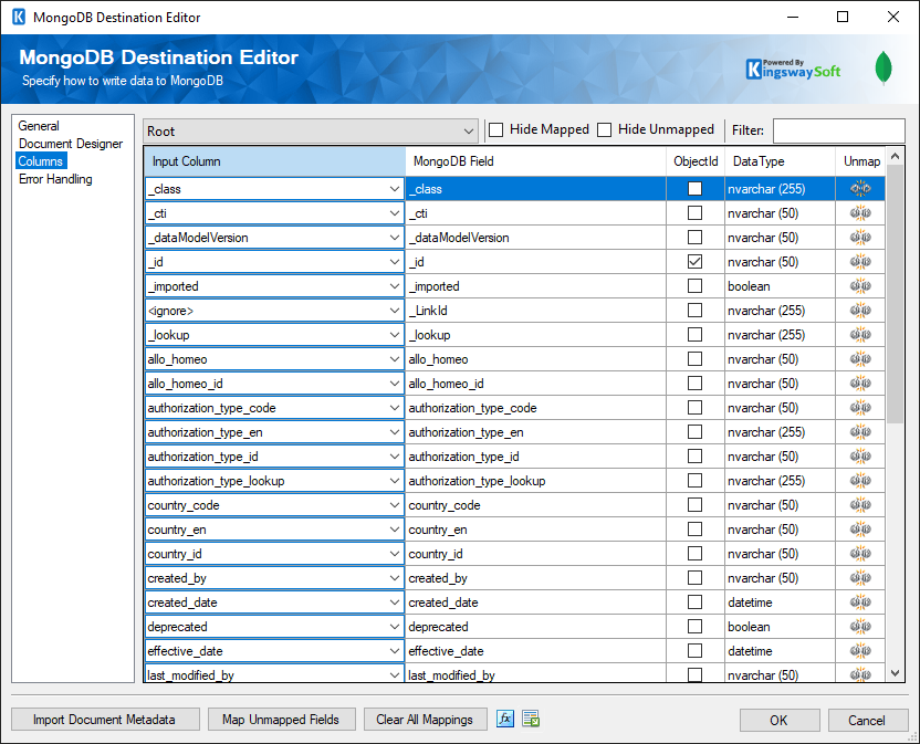 MongoDB Columns Page